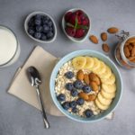 Oatmeal. With banana, blueberry and almond for healthy breakfast or lunch. Healthy diet nutrition.